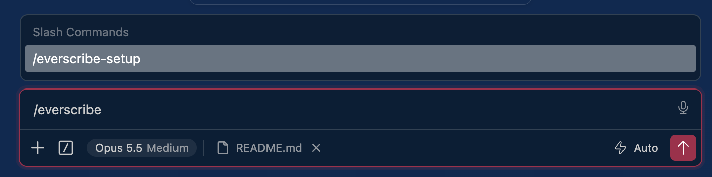 Claude Code's slash-command menu filtered to everscribe, showing the everscribe-setup skill with its description.