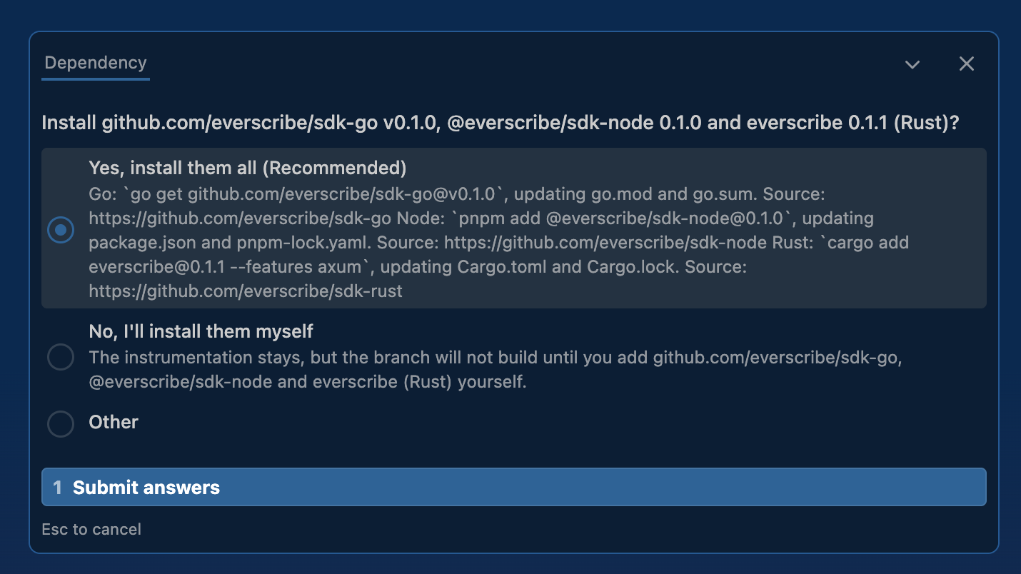 The Dependency picker naming the package and version to install, with the recommended yes option describing the command it runs, the files it updates and the source repository.