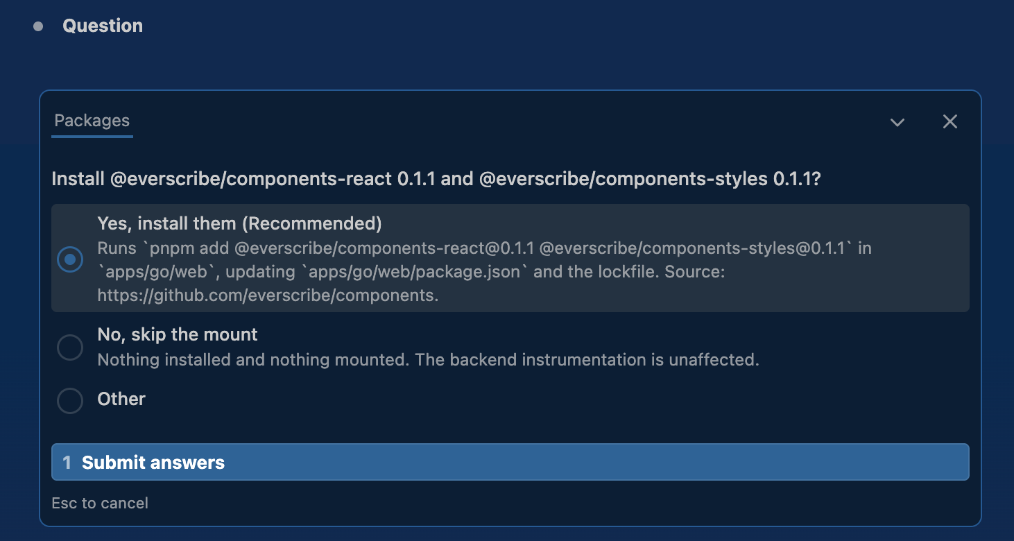 The Packages picker naming the component packages and versions to install, with the recommended yes option describing the command, the manifest it updates and the source repository.