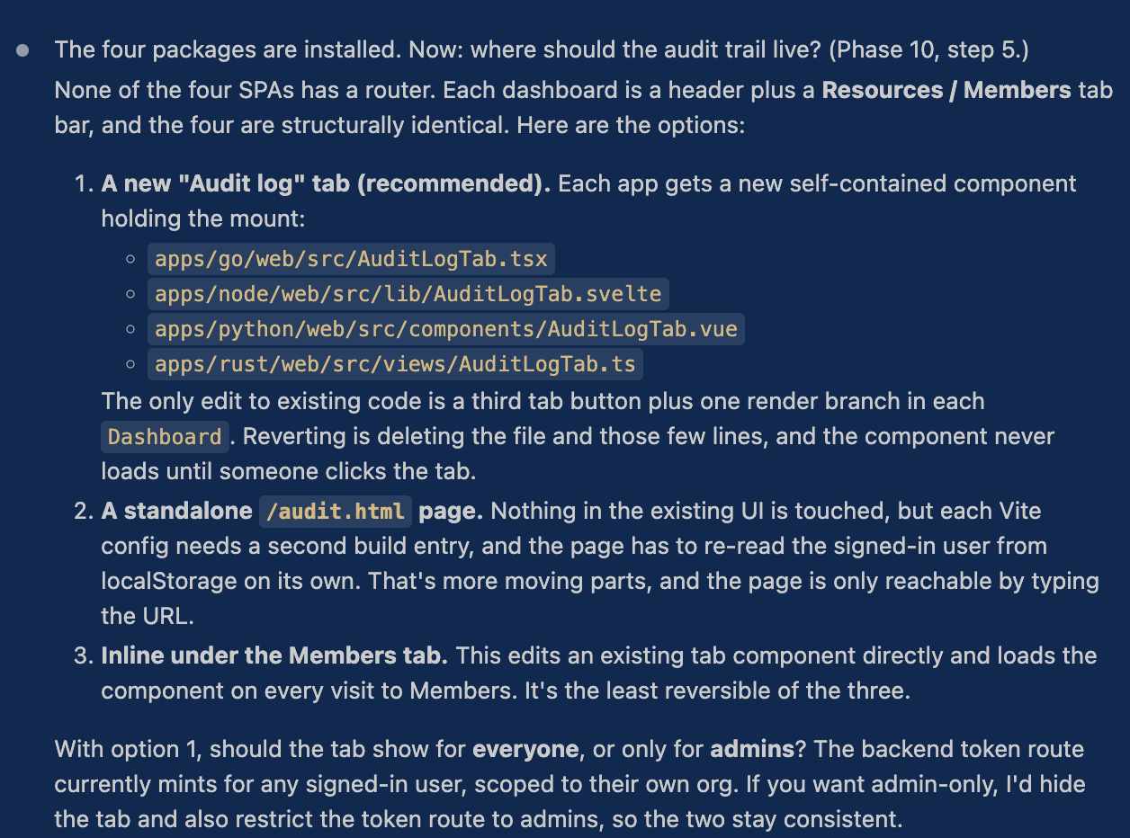 A placement proposal offering a new Audit log tab, a standalone audit page, or an inline panel, with the tab option recommended and the trade-offs of each spelled out.