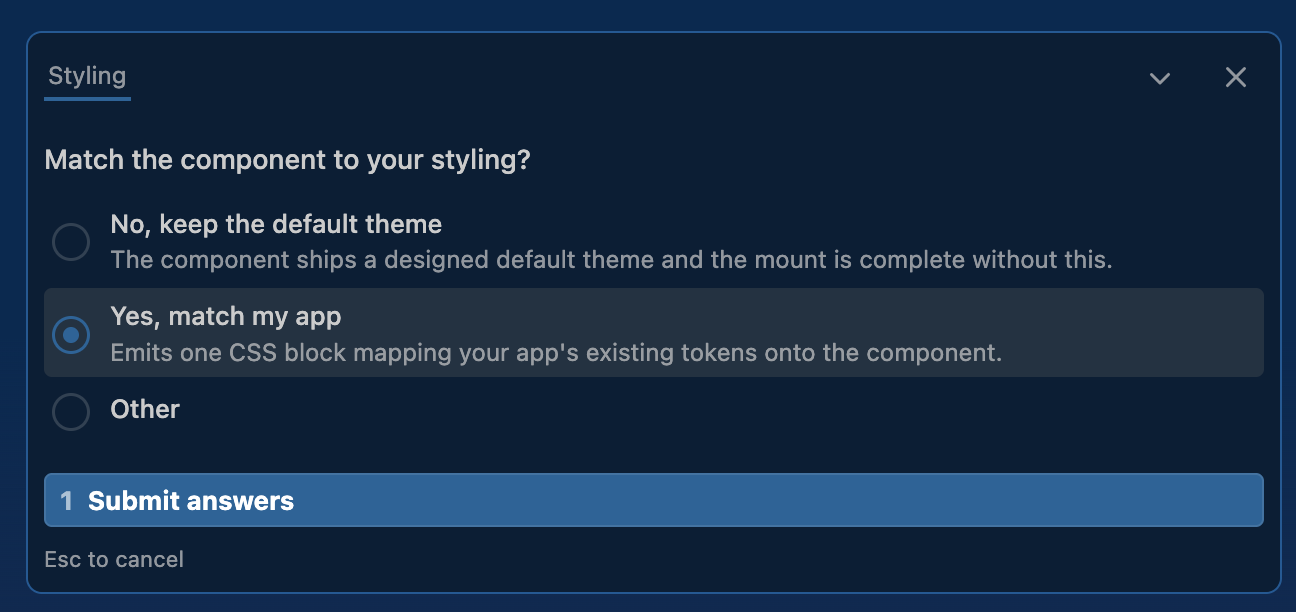 The Styling picker asking whether to match the component to your app's styling, offering to keep the default theme or map your existing design tokens onto the component.