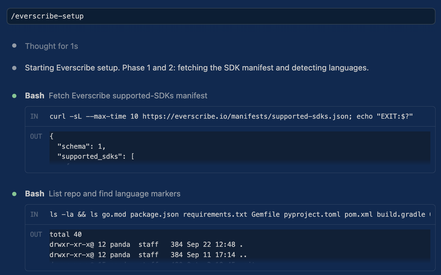 Phase 1 running in the terminal: the skill fetching the supported-SDKs manifest and reporting the languages it found.