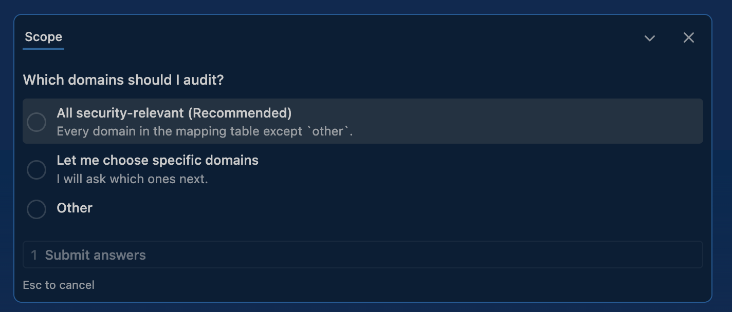 The Scope picker asking which domains to audit, offering All security-relevant (Recommended) and Let me choose specific domains.