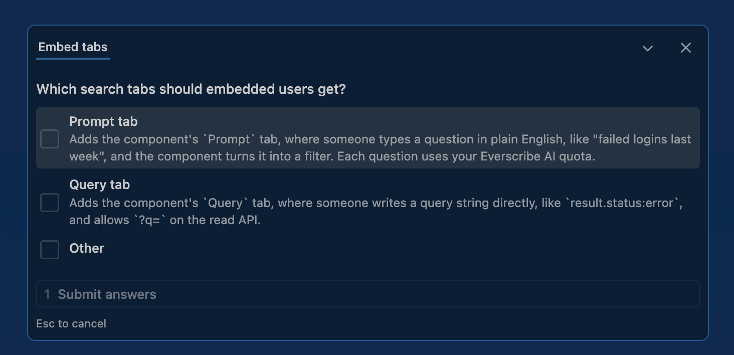 The Embed tabs picker, a multi-select offering the Prompt tab for plain-English questions and the Query tab for writing a query string.
