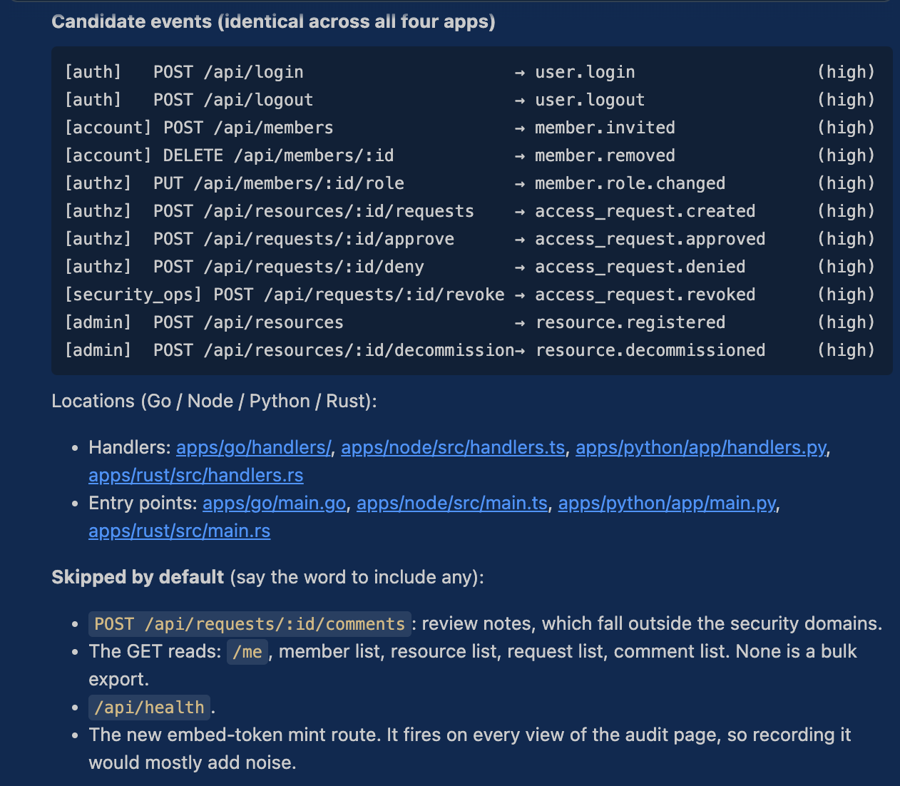 The candidate event list: eleven handlers grouped by auth, account, authz, admin and security_ops, each with its route, proposed event name and confidence, followed by a Skipped by default section.