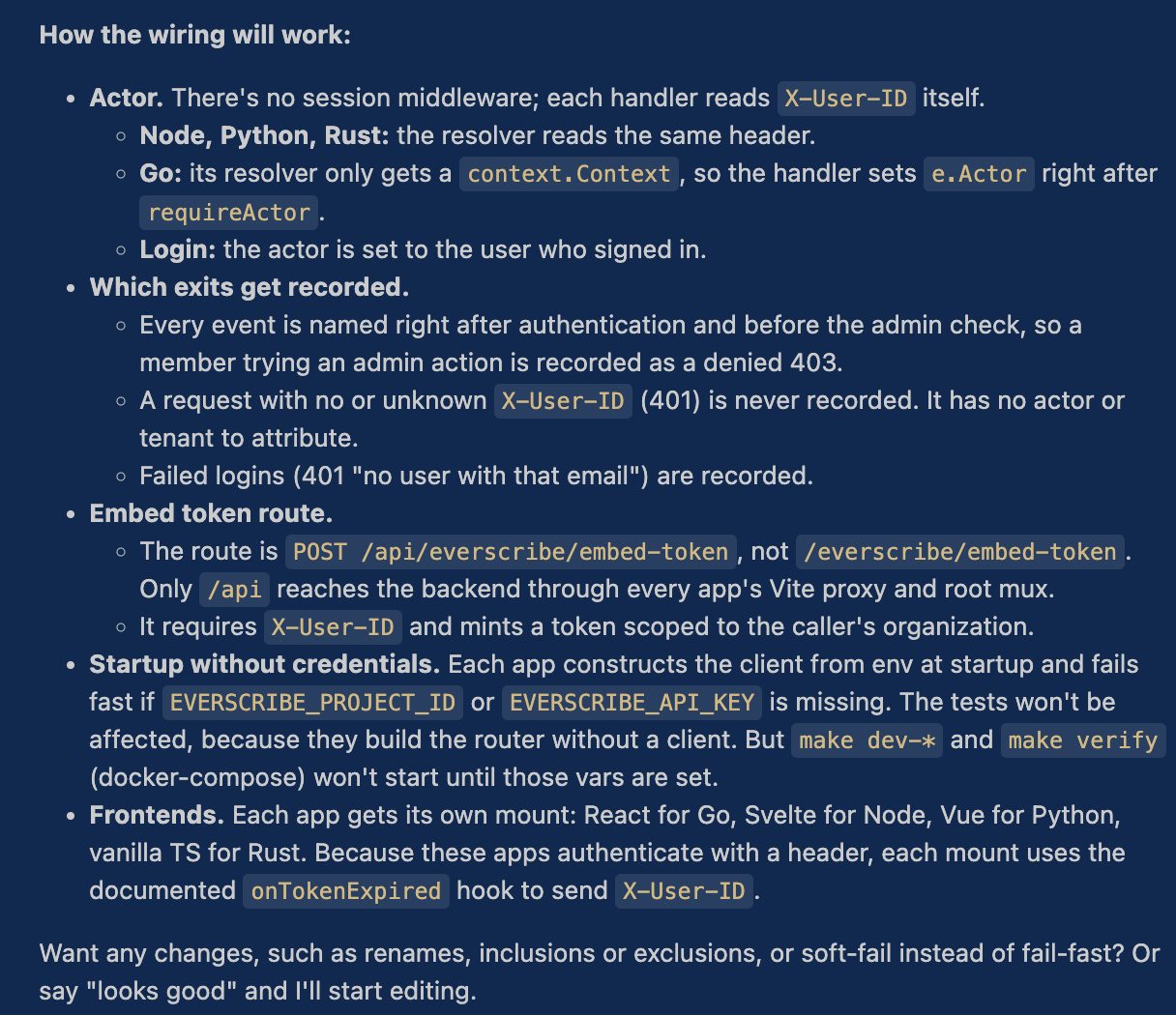 A plan summary covering how the actor is resolved per language, which exit paths get recorded, the embed token route, and startup behaviour without credentials, ending with an invitation to request changes.