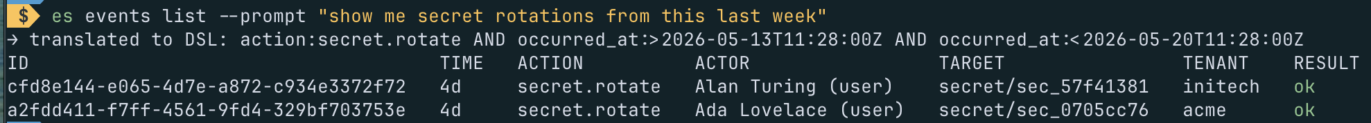 Terminal output of es events list --prompt — translated DSL line above the result table