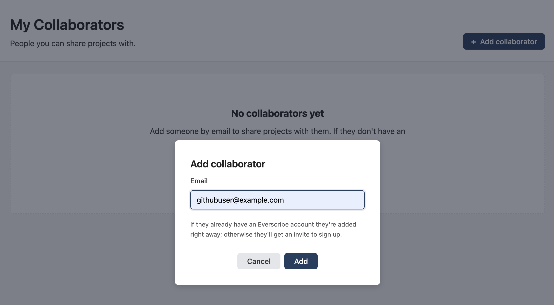 Add collaborator modal with an email field