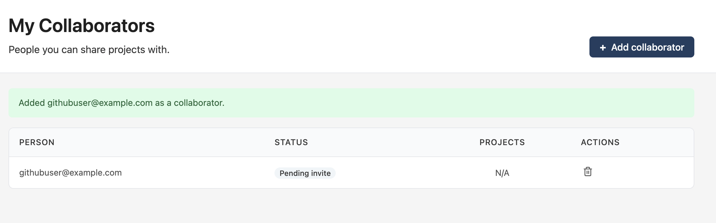 Collaborators table showing a pending invite