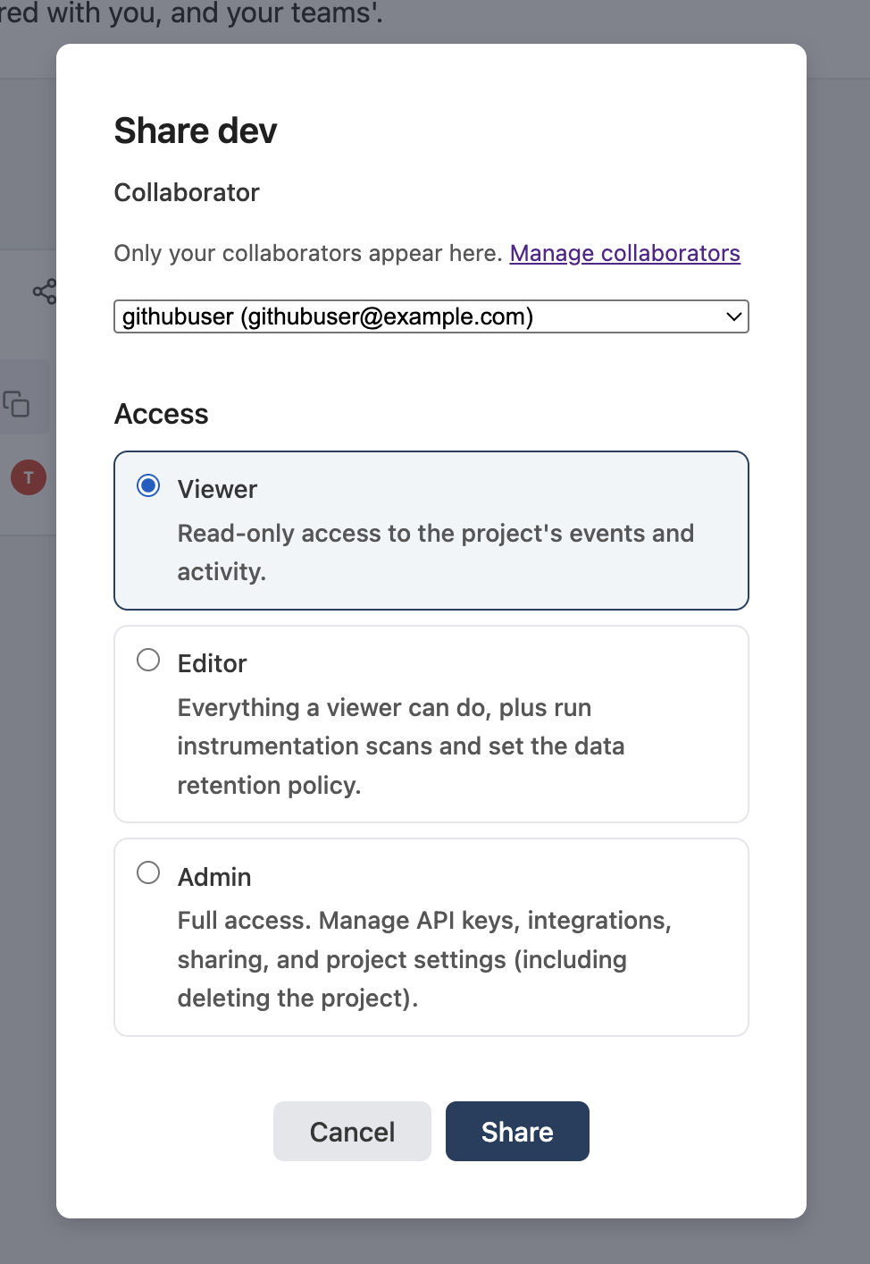 Share modal with a collaborator picker and role options