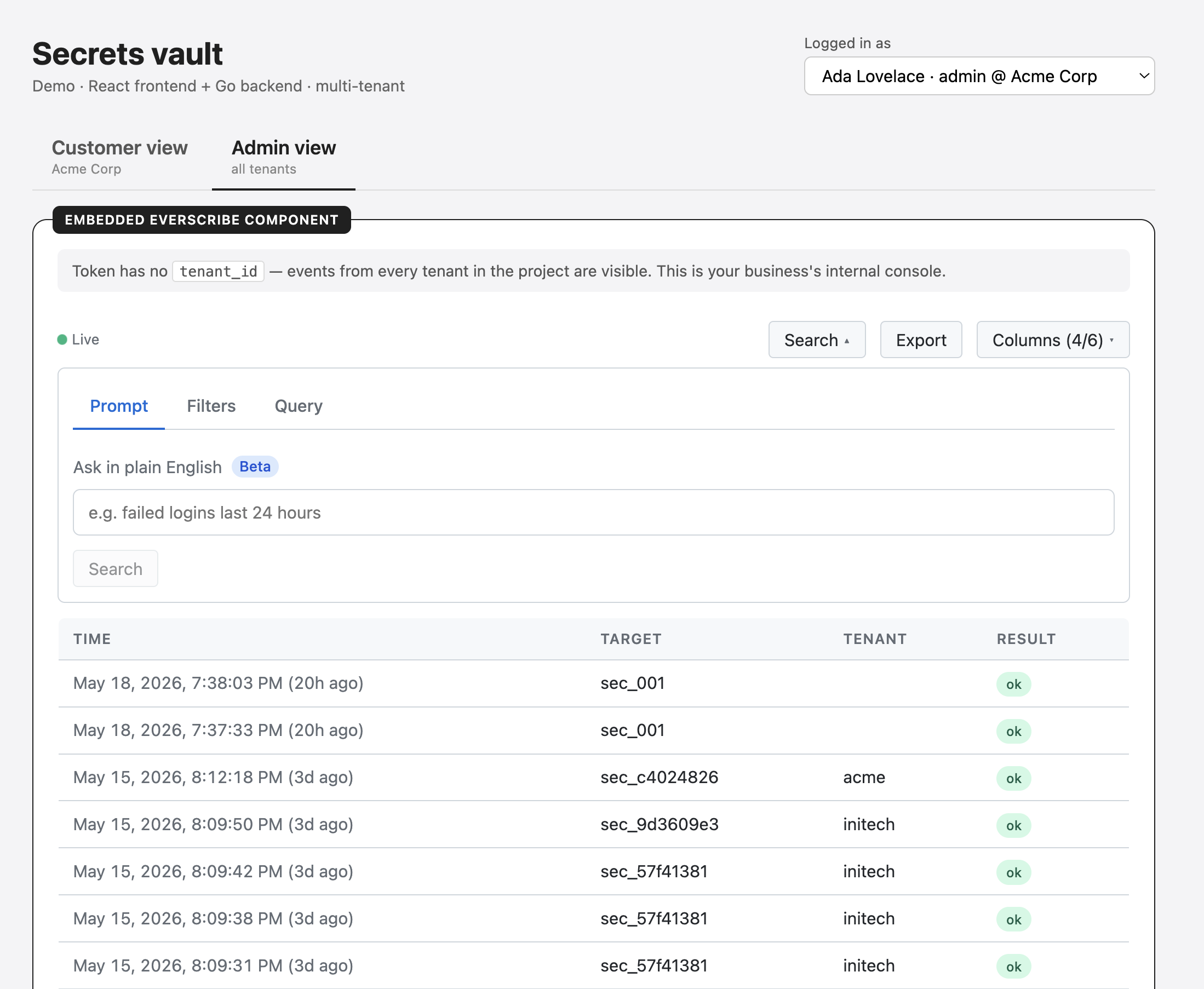 Secrets vault demo, multi-tenant variant — Customer view / Admin view tabs at the top, currently on Admin view with project-wide events