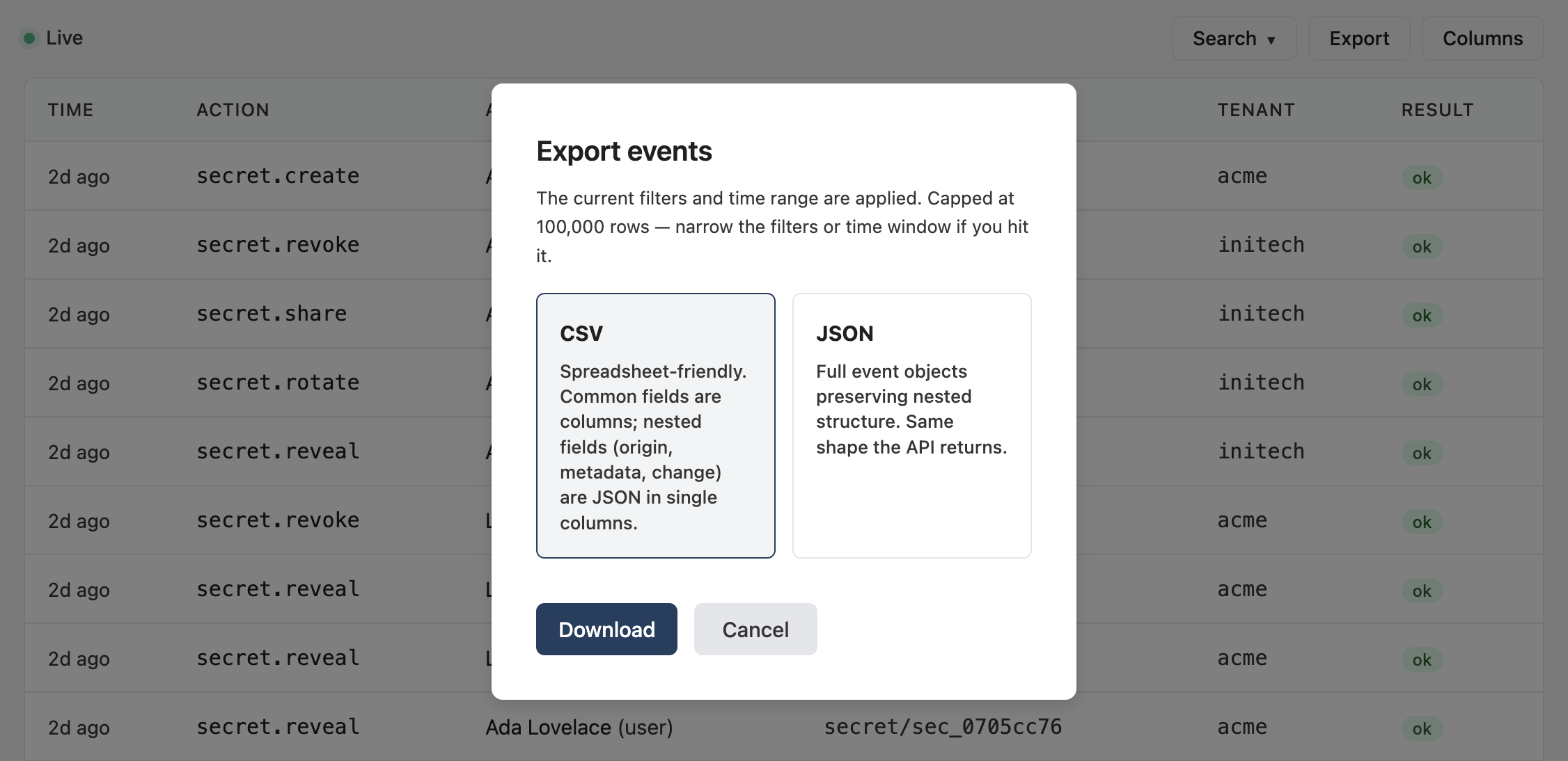 Export dialog with CSV / JSON option cards