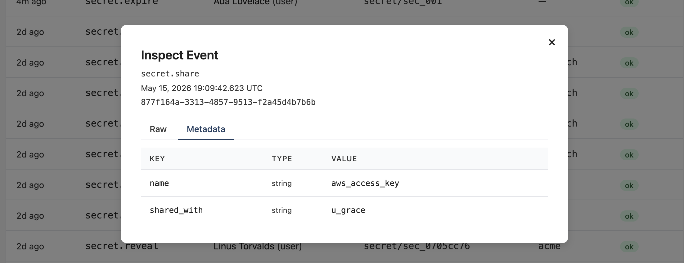 Metadata tab — key/type/value table of an event's metadata