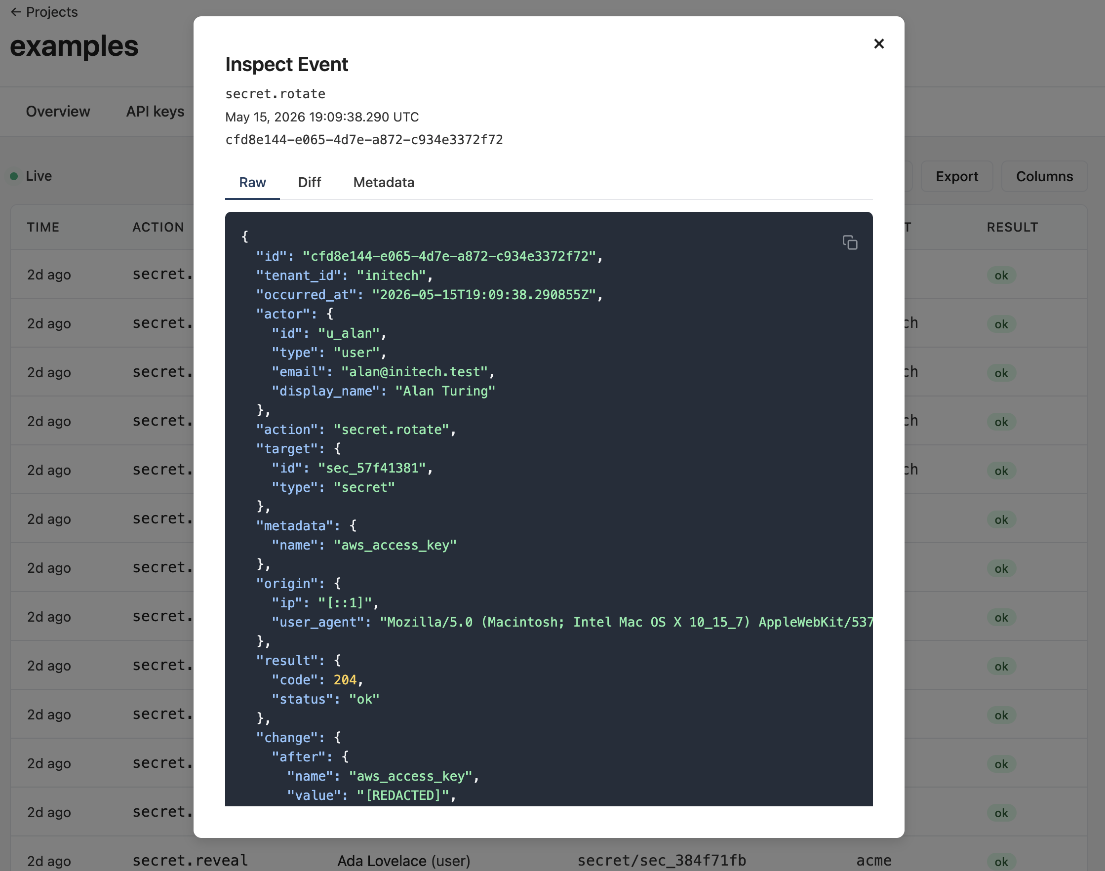 Raw tab — full JSON payload of one event