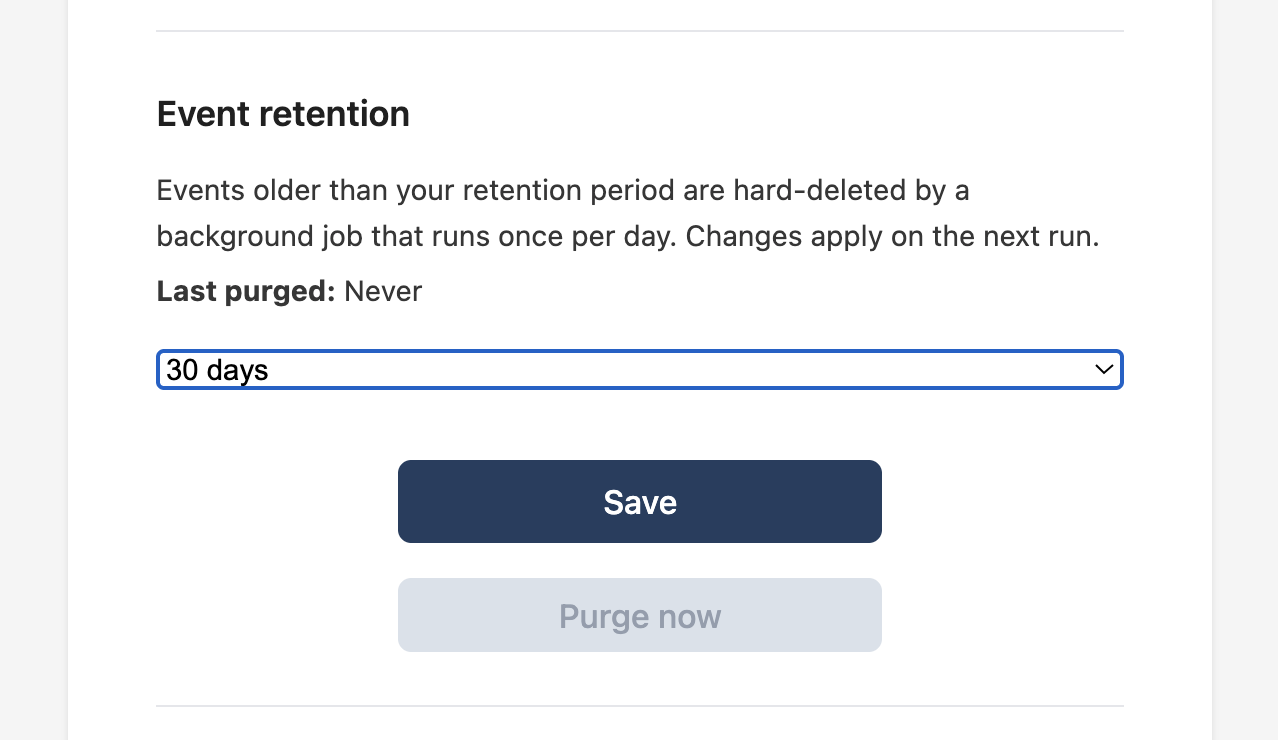 Event retention panel in project settings — retention dropdown and Save / Purge now buttons