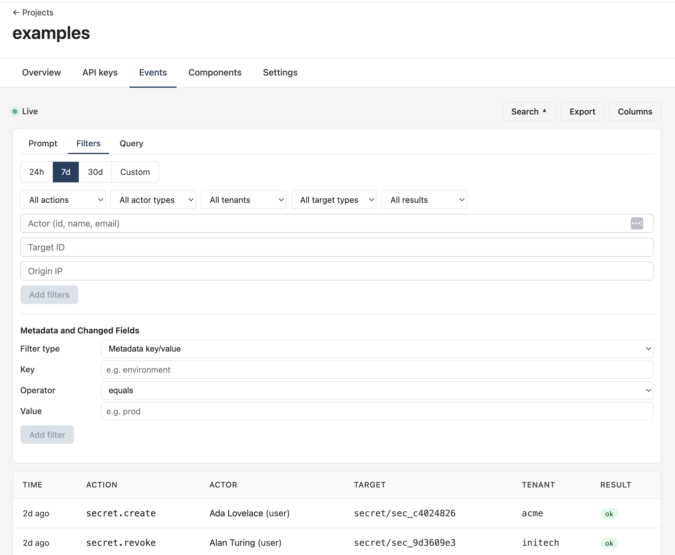 Filters tab with structured dropdowns and the metadata builder