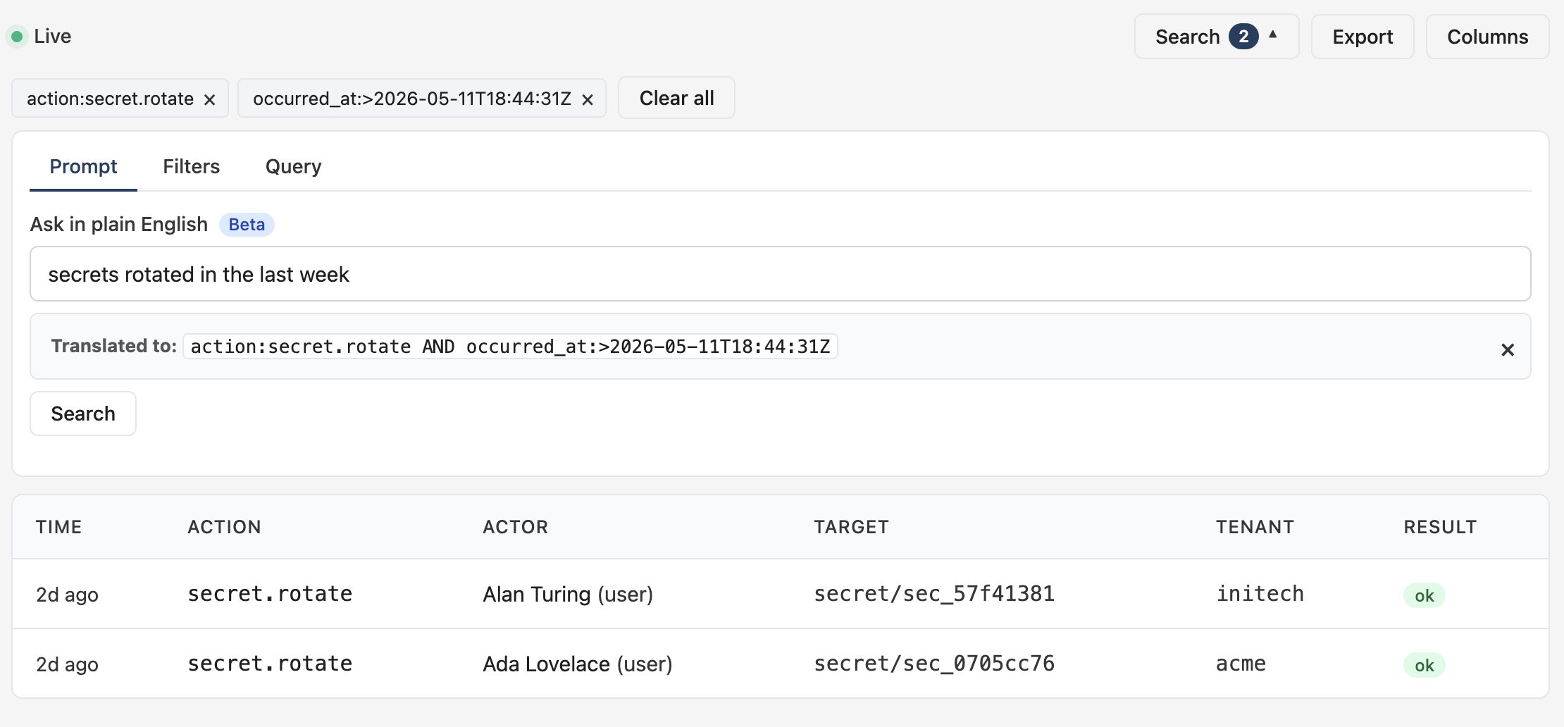 Prompt result showing the translated DSL and filter chips