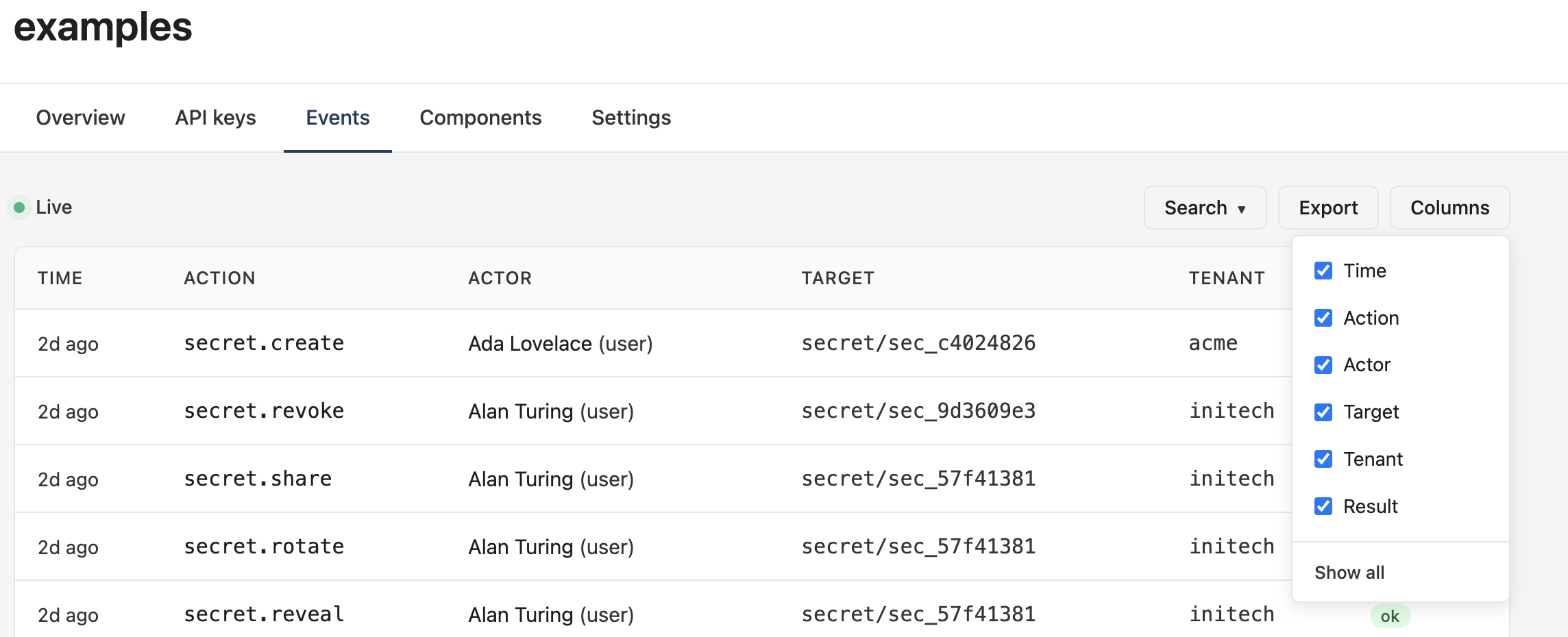 Columns dropdown with per-column checkboxes